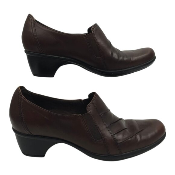 Clarks Partridge Block Heel Shoes Womens Size 9 Comfort Brown Leather Slip On - Picture 12 of 16